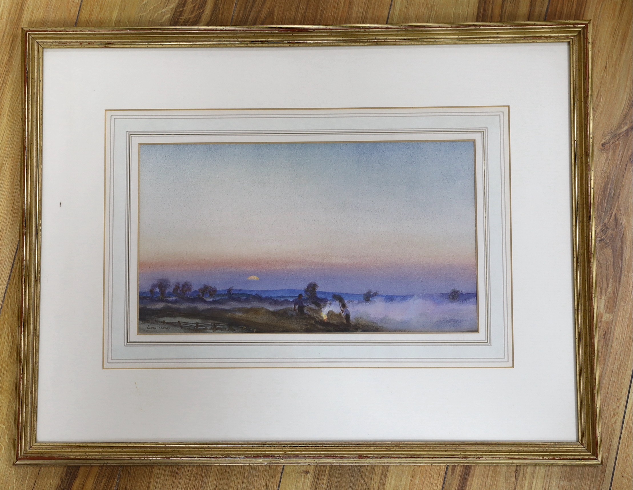 George Murray, watercolour, Figures burning hay at sunset, signed, 20 x 34cm